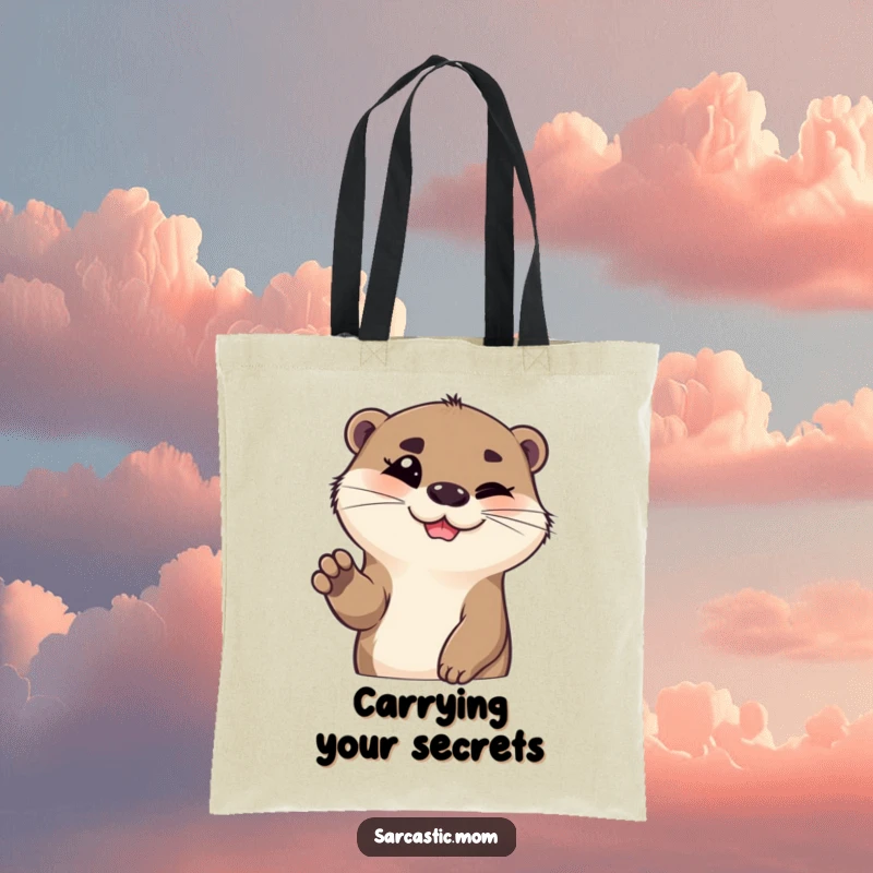 Funny otter tote bag, smiling with one eyebrow up and paw gesturing, ready for adventures. A practical funny gift.