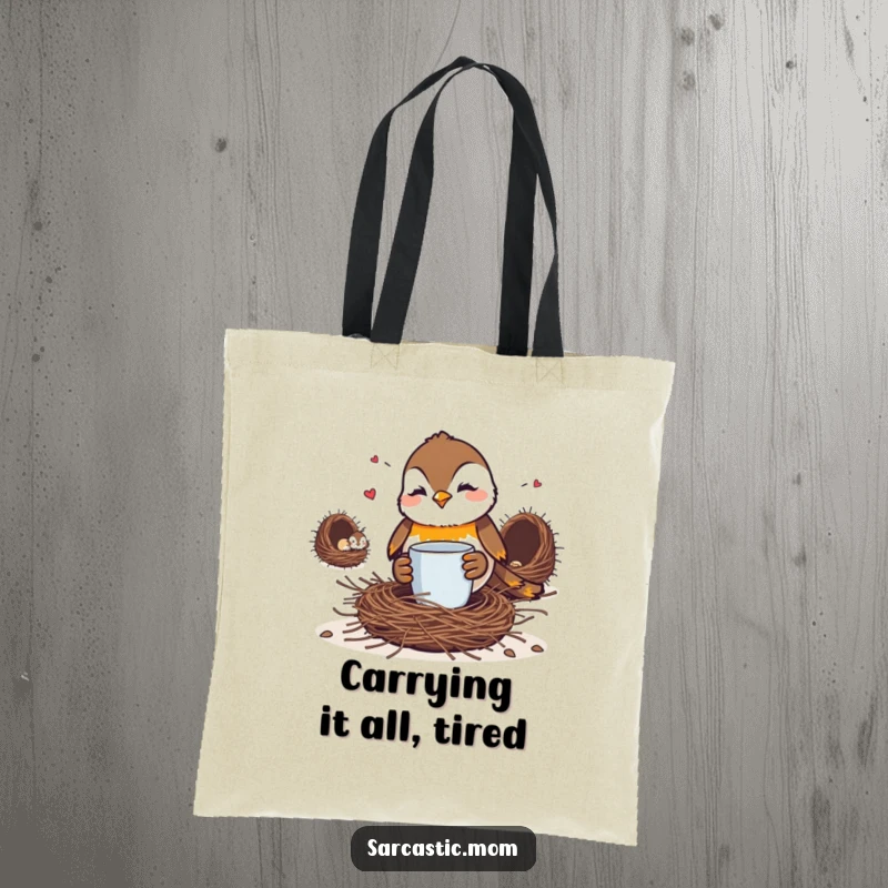 Funny Robin Mom Tote Bag: A robin mom clutches a coffee mug, glaring at a messy, chaotic nest.