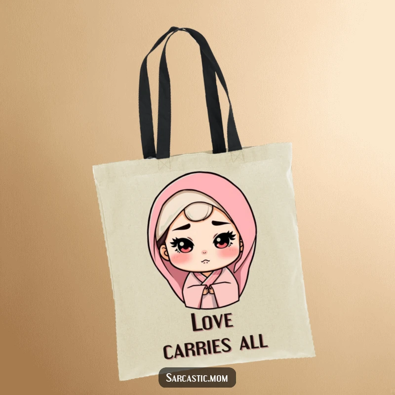 Funny Tote Bag showing a mother figure with a stern yet loving expression, perfect for carrying essentials with maternal charm and humor.